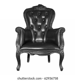 Antique Black Leather Chair Isolated On White