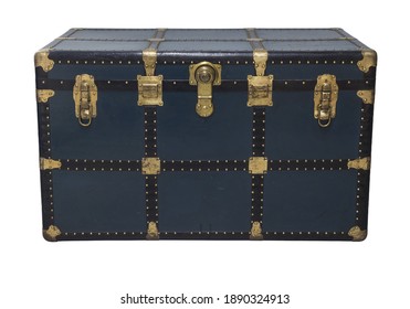 Antique Blue Tin Travel Trunk Steamer Chest Tin Chest Trunk closed isolated on white background