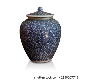 Antique Blue And White Ceramic Vase And Lid On White Background, Object, Decor, Vintage, Copy Space