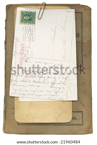 Antique Book Cover and Postcards paper-clipped together.