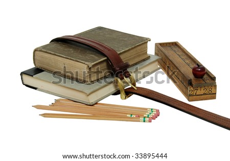 Antique books containing information that can be stored for many users with a wooden pencil box with an apple - path included