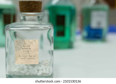 Antique Bottle Of Early 20th Century With Morphine Pills