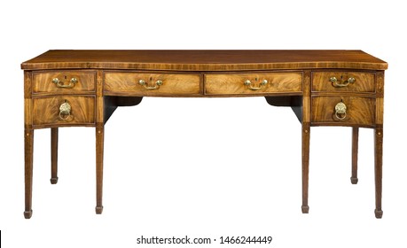 Antique Bow Fronted Mahogany Dining Room Sideboard Serving Table With Brass Handles Isolated On White