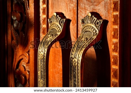 Antique brass door handles on a wooden door