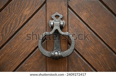 Antique brass door knocker on an oak wooden door in Dambach-la-Ville, France. 