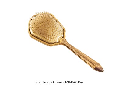 Antique Brass Hair Brush Isolated On White Background. Photography Props