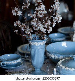 Antique British Blue Porcelain Tea Set.
Wedding Table Setting Is Richly Decorated In Luxurious Interior. Porcelain Vintage Service