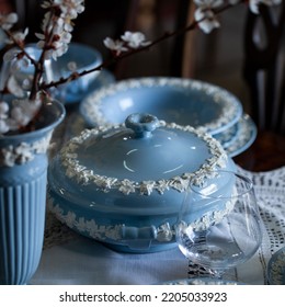 Antique British Blue Porcelain Tea Set.
Wedding Table Setting Is Richly Decorated In Luxurious Interior. Porcelain Vintage Service