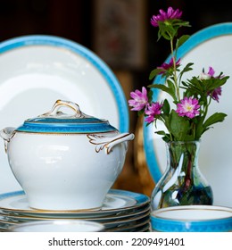 Antique British Blue Porcelain Tea Set.
Wedding Table Setting Is Richly Decorated In Luxurious Interior. Porcelain Vintage Service