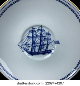 Antique British Blue Porcelain Tea Set With Ship Motifs.
Antique Plate With Ship Pattern Service Closeup