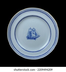 Antique British Blue Porcelain Tea Set With Ship Motifs.
Antique Plate With Ship Pattern Service Closeup