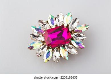 Antique Brooch Purple Stone On White Background.