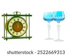 Antique brown gold clock and two turquoise wine glasses                               