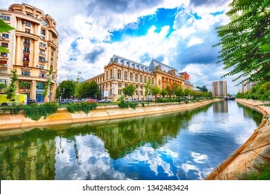 Antique building view in Old Town Bucharest city - capital of Romania and Dambrovita river. Bucharest, Romania, Europe. 