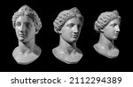 Antique bust of a woman with a diadem on her head. Three angles of rotation. Statue of Athena isolated on black background