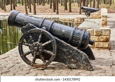 Antique cannon stands on the pier with paved paving stones against the background of the forest. Old cannon large. Ancient black cannon.
