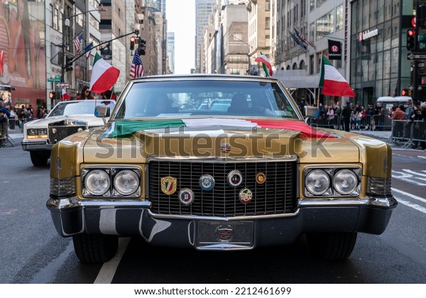 Antique car Cadillac\
seen during annual Columbus Day parade on Fifth Avenue in Manhattan\
on October 10, 2022
