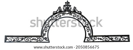 Antique cast iron grate isolated on white background. Details of a figured antique forged metal fence lattice, decor elements