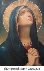 Antique Catholic Icon Representing Virgin Mary Praying