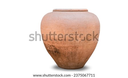 Antique ceramic decorative amphora on a white background with clipping path. Clay pottery pot, a set of ancient utensils for gardening and interior