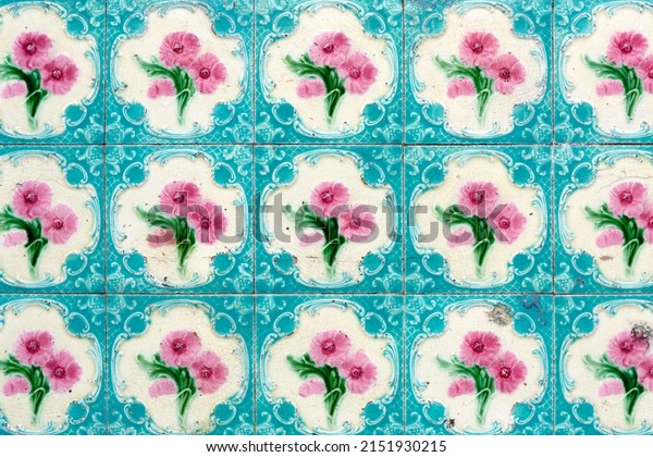 Antique\
ceramic Peranakan wall tile pattern on an old Sino-Portuguese shop\
house located in the UNESCO World Heritage site of Georgetown\
located on Penang Island, Penang State,\
Malaysia.