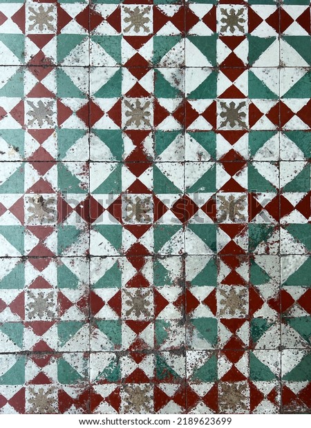 Antique ceramic Peranakan wall tile pattern\
on an old Sino-Portuguese shop house located in the UNESCO World\
Heritage site of Georgetown located on Penang Island, Penang State,\
Malaysia. unsharpened