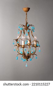 Antique Chandelier With Blue Pendants