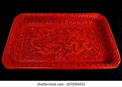 Antique Chinese Cinnabar Lacquer Dragon Tray