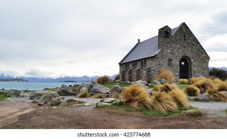 Antique Church With Iceberg Background At New Zealand In Cloudy Day On Winter