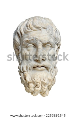 Antique classic greek philosopher head, marble face of Epikouros, isolated front view