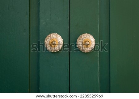 Antique classic white ceramics with the brass door knob on the green door is a vintage design home and living interior building. 