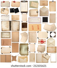 antique clipboard and photo corner, aged paper sheets, books, pages and old postcards isolated on white background. vintage photo frames