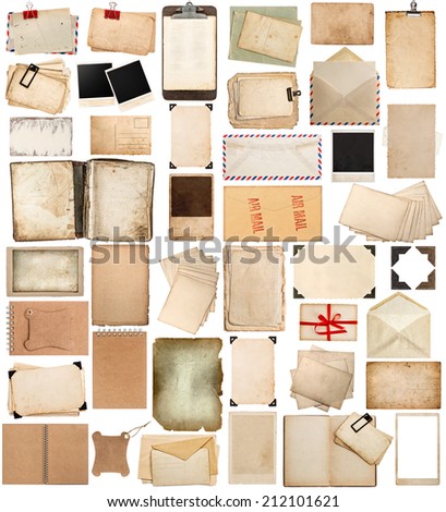 antique clipboard and photo corner, aged paper sheets, books, pages and old postcards isolated on white background. vintage photo frames