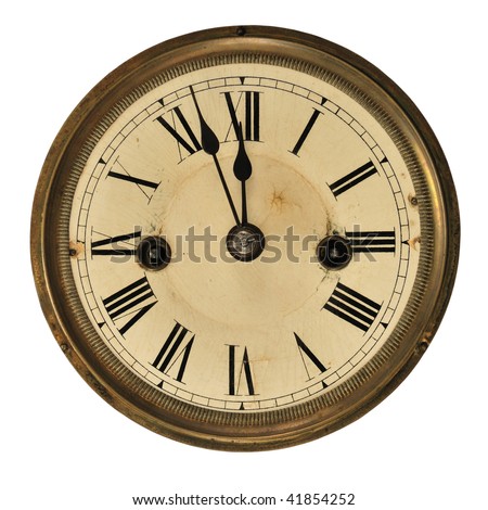 Antique clock face showing the time (three minutes to midnight), isolated on white.