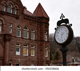 Antique Clock In Front Of The Barbour County Courthouse In West Virginia