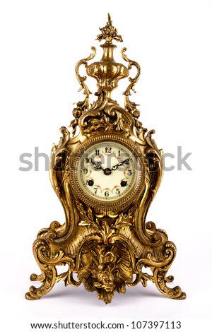 Antique clock isolated on white background.