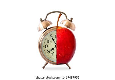 Antique clock needles Fruit apple  healthy. Healthy food concept. - Shutterstock ID 1469497952