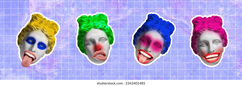 Antique clowns. Surrealistic art collage with antique statue bust over purple checkered background with bright abstract elements. Concept of creativity, inspiration, art, mood, emotions and ad - Powered by Shutterstock