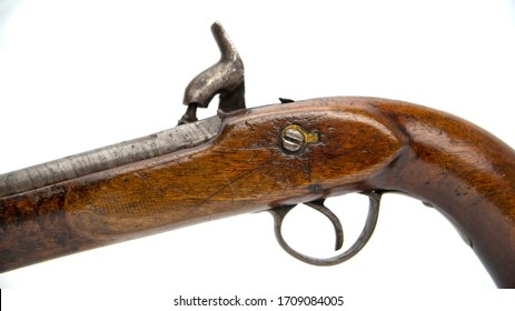 Antique Colonial Percussion Pistol, Believed To Be Local Militia Issue Circa 1850. This Is A Single Shot Muzzle Loading Holster Pistol With A Percussion Lock