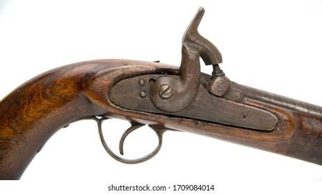 Antique Colonial Percussion Pistol, Believed To Be Local Militia Issue Circa 1850. This Is A Single Shot Muzzle Loading Holster Pistol With A Percussion Lock