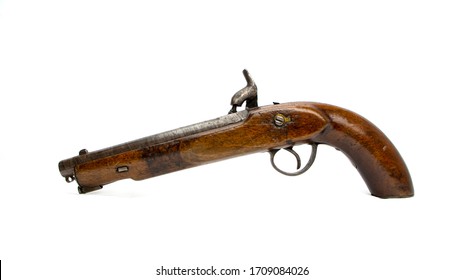 Antique Colonial Percussion Pistol, Believed To Be Local Militia Issue Circa 1850. This Is A Single Shot Muzzle Loading Holster Pistol With A Percussion Lock