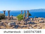 Antique columns off the coast of the Aegean Sea. Troy. Turkey
