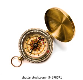Antique compass on white background