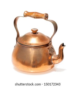 Antique copper teapot, closeup isolated on white background