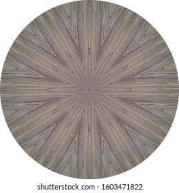 Antique Country Round Table, Grey Brown Wood Veneer Panel With Centered Lines Grain Pattern