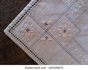 Antique Embroidered Table Cloth, Geometric And Flower Embroidery. 