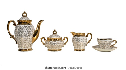 Antique English Golden Tea Set Isolated Over White