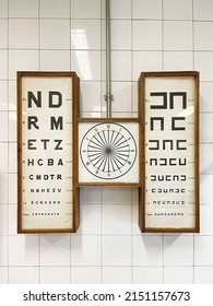 An Antique Eye Chart In An Old Eye Clinic, Vintage Eye Chart With Lettering And Symbols, Optical Examination Equipment, Vertical