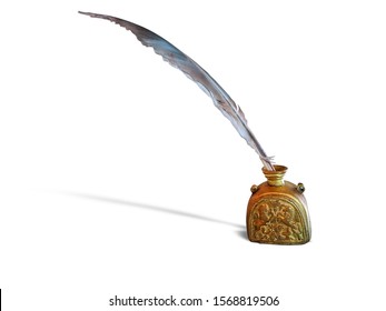 Antique feather pen and ancient copper inkwell isolated over white background