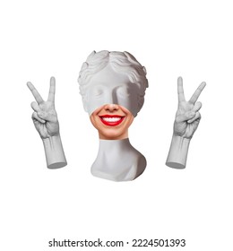 Antique female smiling statue showing a peace gesture with her hands isolated on a white background. 3d trendy collage in surreal magazine style. Contemporary art. Modern design
